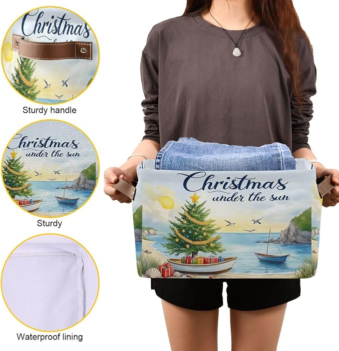 Christmas Beach Time Storage Basket with Waterproof Liner and PU Handles Xmas Tree Summer Theme Storage Bins Boxes 14.2" Collapsible Decorative Organizer Baskets for Bedroom Closet Office 1 Pack