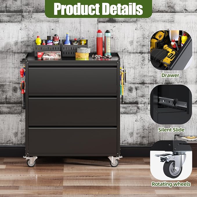 Reemoon 3 Drawers Garage Storage Cabinet with Wheels,35" H Metal Storage Cabinets for Garage, Home, Assembly Required,Black