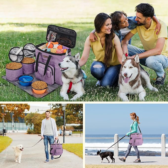 Modoker Dog Travel Organizer Carriers for Supplies & Accessories, Airline Approved Cat Pet Travel Bag, 2 Collapsible Bowls, 2 Travel Dog Food Container, Purple | Dog travel accessories set with feeding supplies, bowls, mat, and strap. Ideal for weekend...