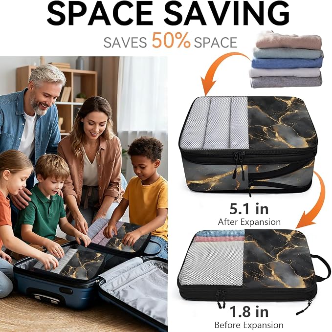 Black 6 Set Compression Packing Cubes Marble Expandable Packing Organizer for Travel Accessories Luggage Suitcase Bag
