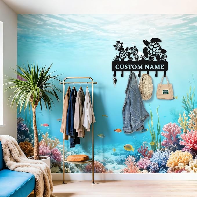 Personalized Key Holder for Wall, Sea Turtle Custom Key Hooks | Sea turtle key organizer, metal key rack for beach house decor, coastal wall hooks, ocean lover and entryway decor