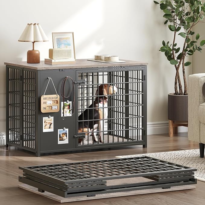 YATINEY Foldable Dog Crate Furniture and 12-Tier Tall Shoe Rack Organizer, Wooden Shoe Storage for Closet Holds 48 Pairs, Sturdy Shoe Shelf with X-Shaped Metal Support, for Entryway DC95BG-SS212BC