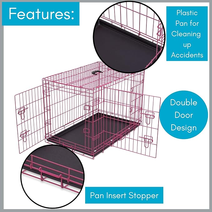 Internet's Best Wire Dog Crate for Dogs - Double Door Metal Steel Crate, Indoor Folding & Collapsible Cage, Secure & Durable, Portable Travel Kennel, Ideal for Home Use - Pink, 36 Inches