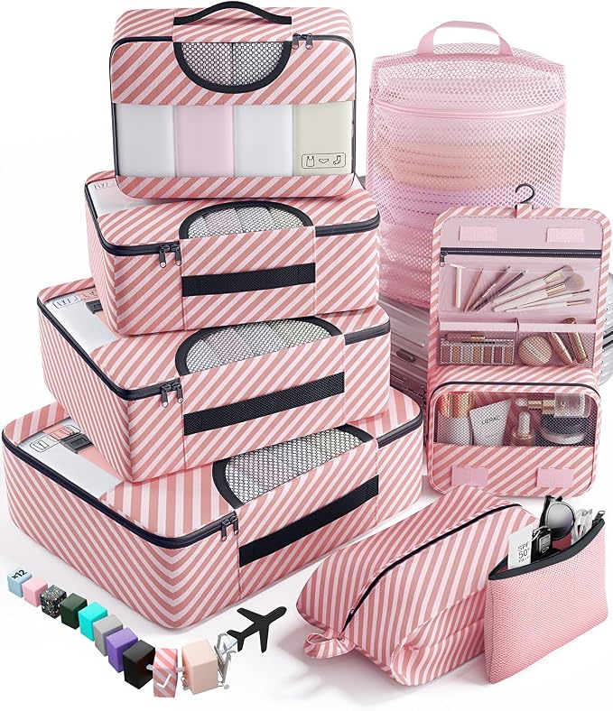 Veken 8 Set Packing Cubes for Travel Essentials, Pink Suitcase Organizer Bags in 4 Sizes, Carry-On Luggage Accessories with Large Laundry & Hanging Toiletry Bag, Must-Have for Airplane, Road Trip