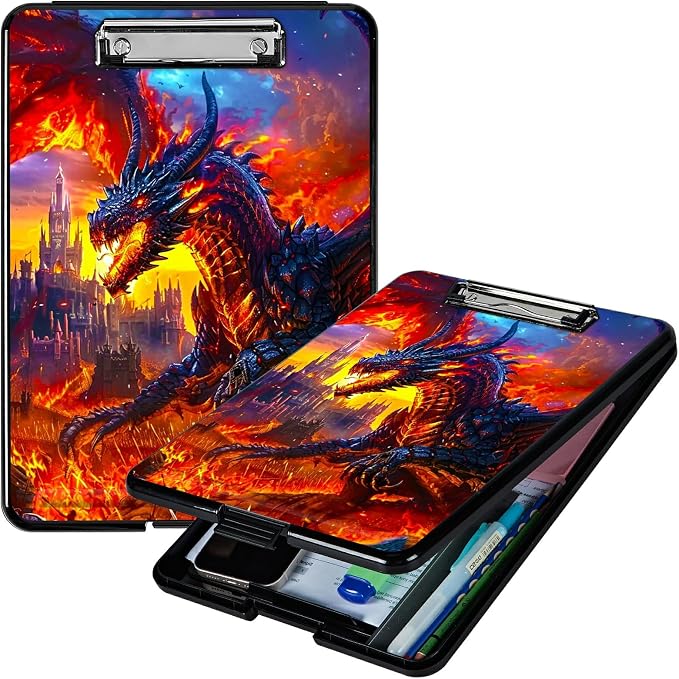 Castle Flaming Dragon A4 Clipboard with Storage Pen Holder, Clipboards Organizer Nursing Clipboard Foldable File Folder Plastic Clipboard Folio Clip Board for Office Students Classroom