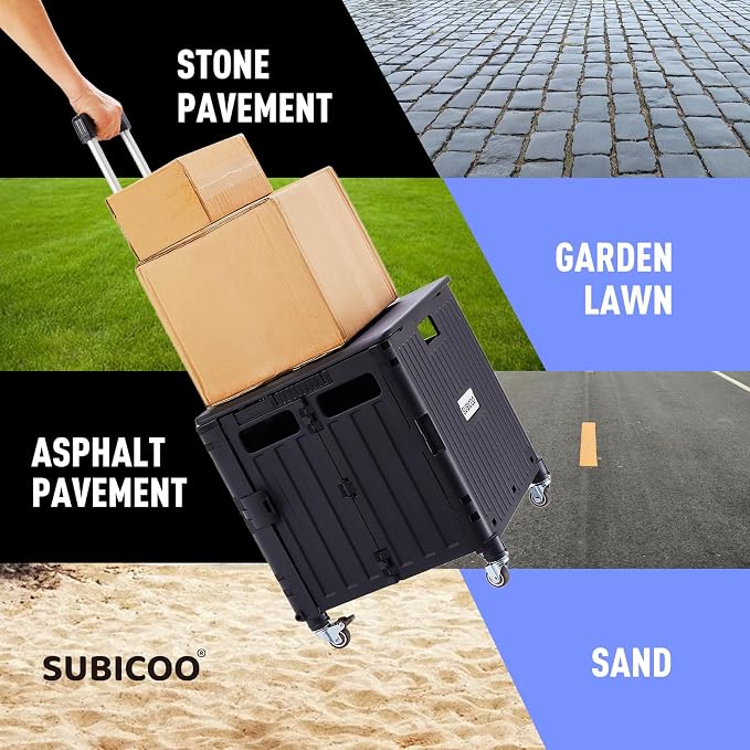 SUBICOO Folding Utility Cart Portable Rolling Crate Handcart Shopping Trolley Collapsible Tool Box, with Lid, on 4 Rotate Wheels, for Grocery, Shopping, Office, Teacher, Camp(Black)