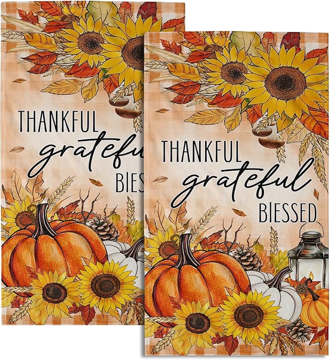 Giwawa Fall Autumn Towel Set of 2 Thankful Grateful Blessed Pumpkins Sunflowers Hand Face Towels Thanksgiving Harvest Soft Microfiber Gym Spa Dish Towel for Bathroom Guest Hotel Season Decor