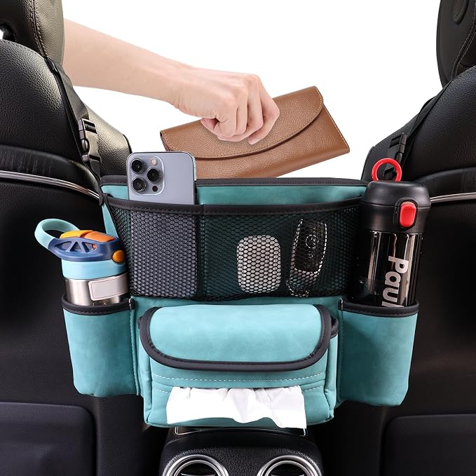Leather Car Seat Organizer for Handbag/Purse – Fits Between Front Seats, Holds Wallet, Phone & Essentials. (Modle A/Blue)