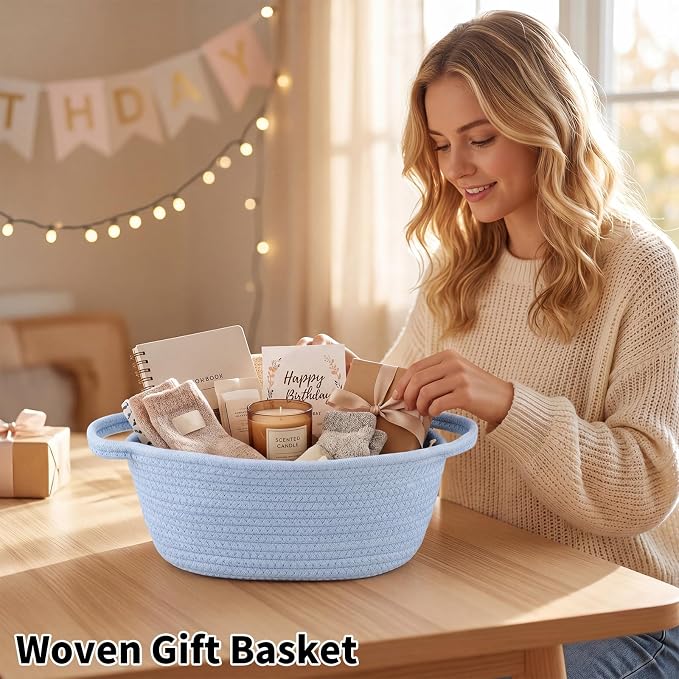 Baby Boy Woven Gift Basket for Gifts Empty Blue Storage Basket | Soft Cotton Rope for Organizing Raffle Events Baby Shower Nursery Bathroom Pet Toys Shelf Table Closet Storage