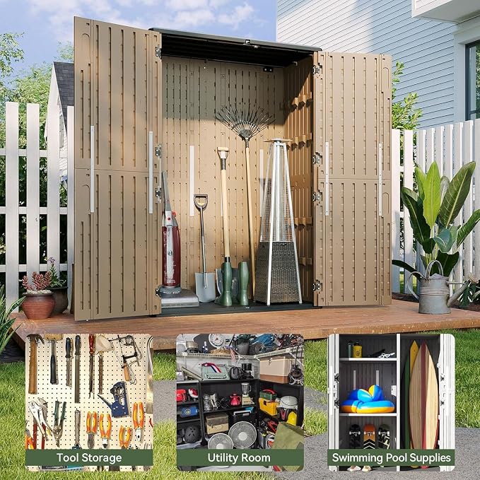 Aoxun Outdoor Storage Shed, 64 Cu.Ft Vertical Storage Sheds, Brown | Outdoor Waterproof Storage Cabinet for Garage Storage, Resin Sheds Outdoor with Floor