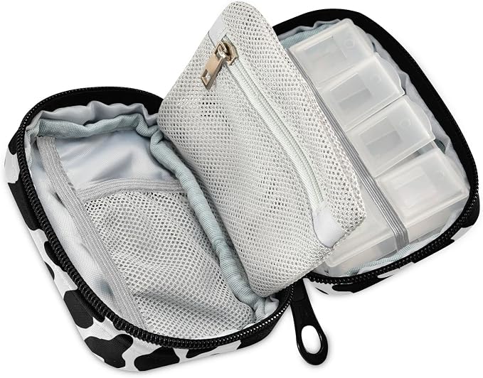 Cow Print Pill Case, Weekly Portable Pill Bag Container 7 Days Pill Box Organizer Vitamin Supplement Holder with Zipper for Travel Family Business