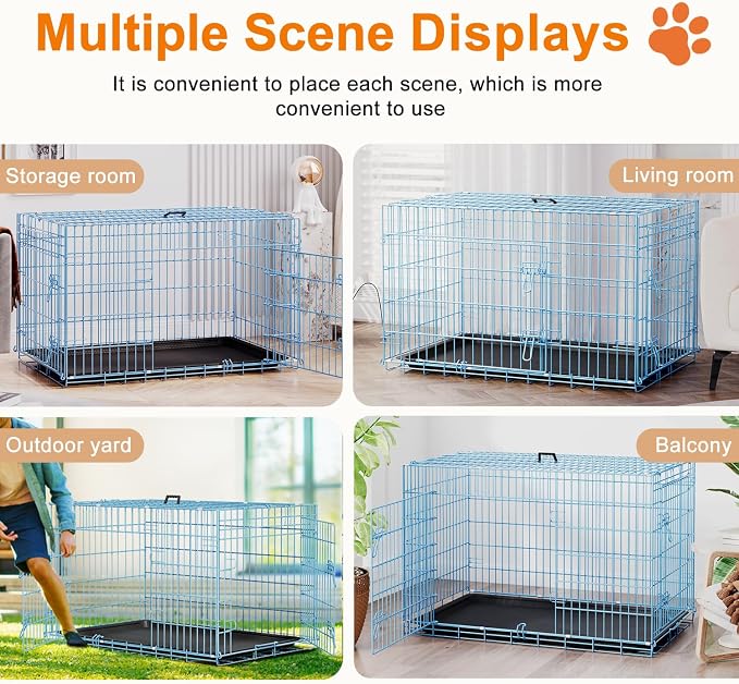 FDW Large Dog Crate 42inch Dog Cage Foldable Metal Kennel with Leakproof Tray Foldable Design Indoor Outdoor Use for Large Dogs,Blue