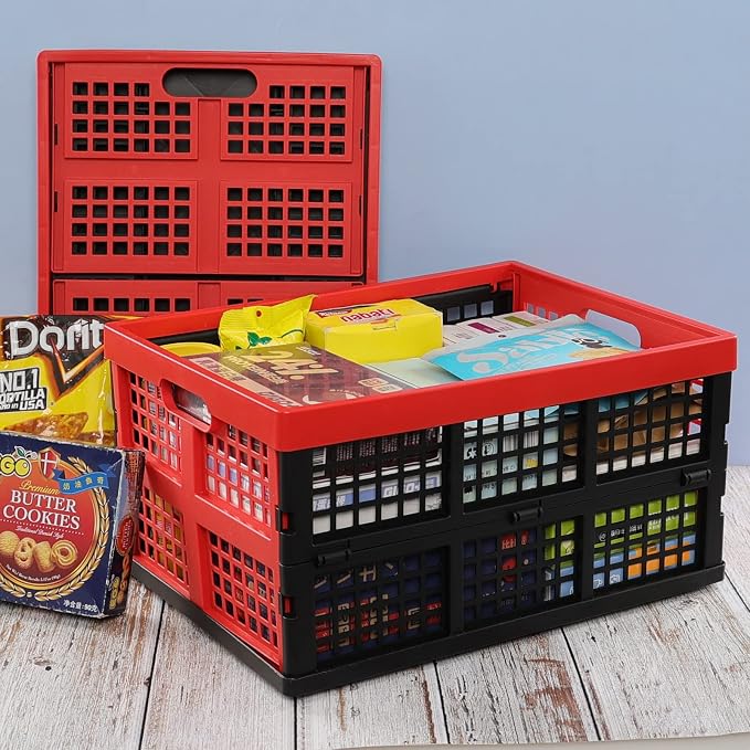 Ramddy 34 Quart Collapsible Storage Crate, Plastic Stackable Crate, 4 Pack | Folding Basket Container Bins