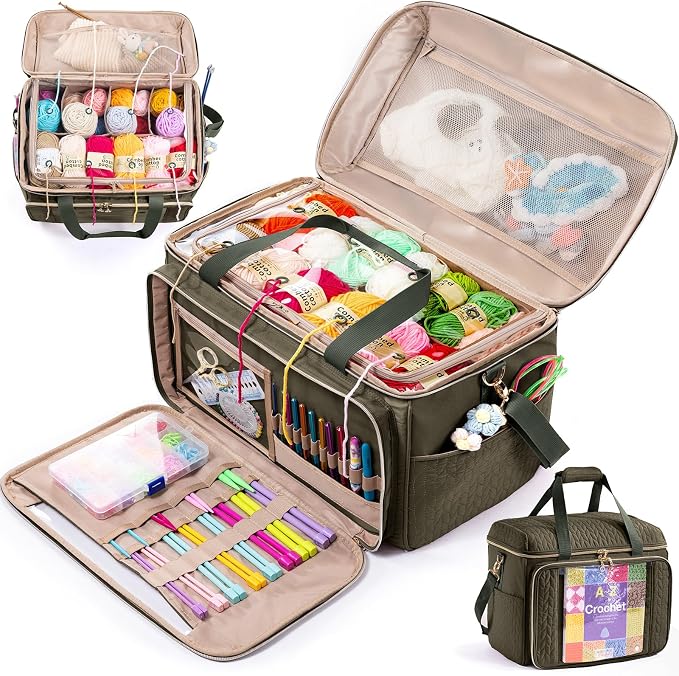 MYBAGZING Large Yarn Storage Bag,Crochet Bag Organizer,Yarn Bags for Crocheting,Crochet Storage Bag with Pockets for Crochet Hooks, Crochet Accessories,Knitting Bags,Gifts for Crocheters