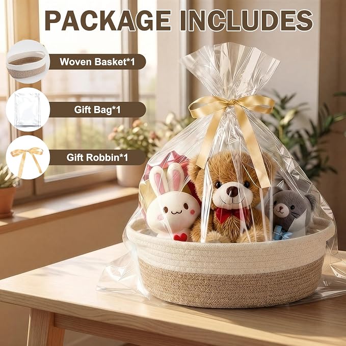 Basket for Gifts Empty, Small Woven Basket with Bags and Ribbons, Baby Toy Baskets with Handles, Wicker Storage Bin for Baby Showers or Pet Toy (White & Brown, 1 Pack (12"x 8"x 3.74"))