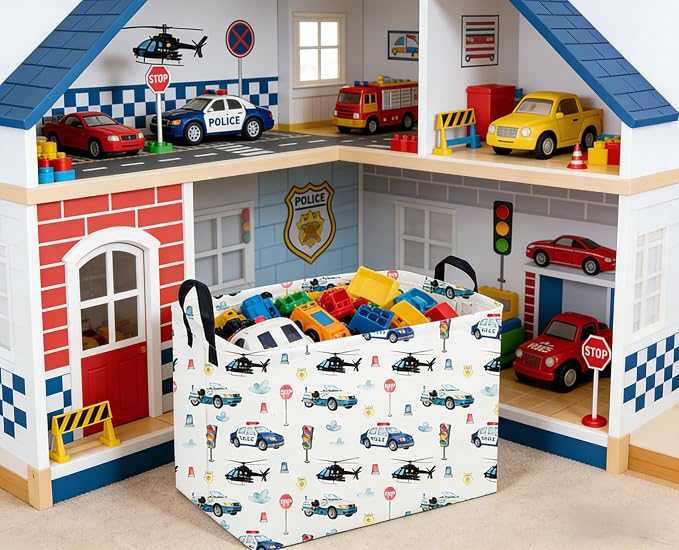 Sanjiaofeng Rectangular Police Car Storage Basket,Boys Toy Storage Bin,Nursery Hamper,Kids Storage Basket with Handles for Car Decor,Home Organizer,Books Box,Gift Baskets(Police Cars)