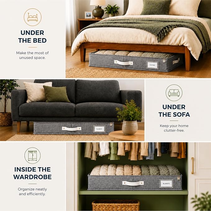 HOMELUX THEORY Under Bed Storage, Low Profile 2pc with Lid, Light Gray | Slim fit for low-clearance beds & couches, Fits seasonal clothes, blankets & shoes, Bins with lids, Space-saving storage
