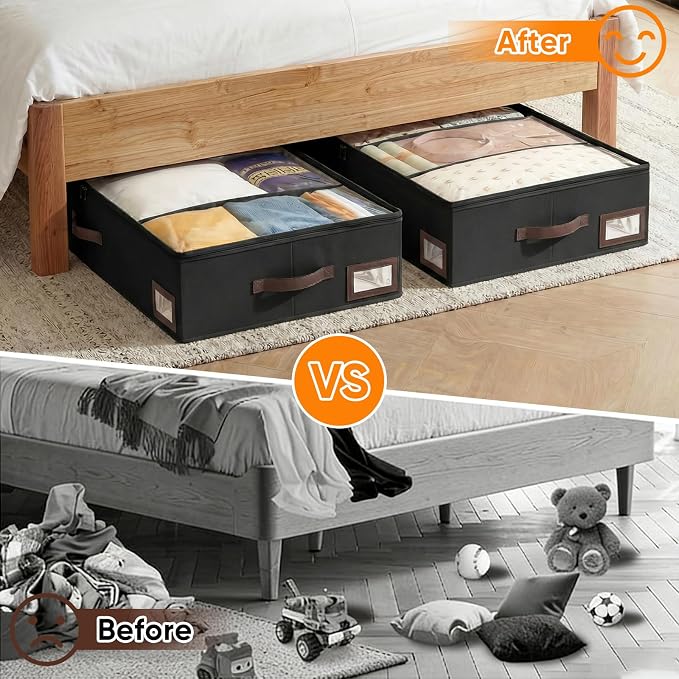 OIAHOMY 2 Pack 53L Under Bed Storage with Adjustable Dividers, 6" Low Profile Underbed Storage Bins for Comforters & Clothes, Save Closet Space with Clear View Lid & Reinforced Handles, Black