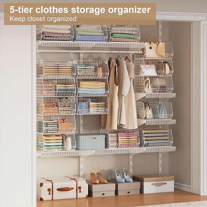5 Tier Extra Large Closet Hanging Shelves with Divider,2 Pair Hook,16.5"L x 11.8"W x 51.4"H Closets Organizers and Storage,Clothes Organizer Clothing Sweaters Shoes Handbags Clutches Accessories-White