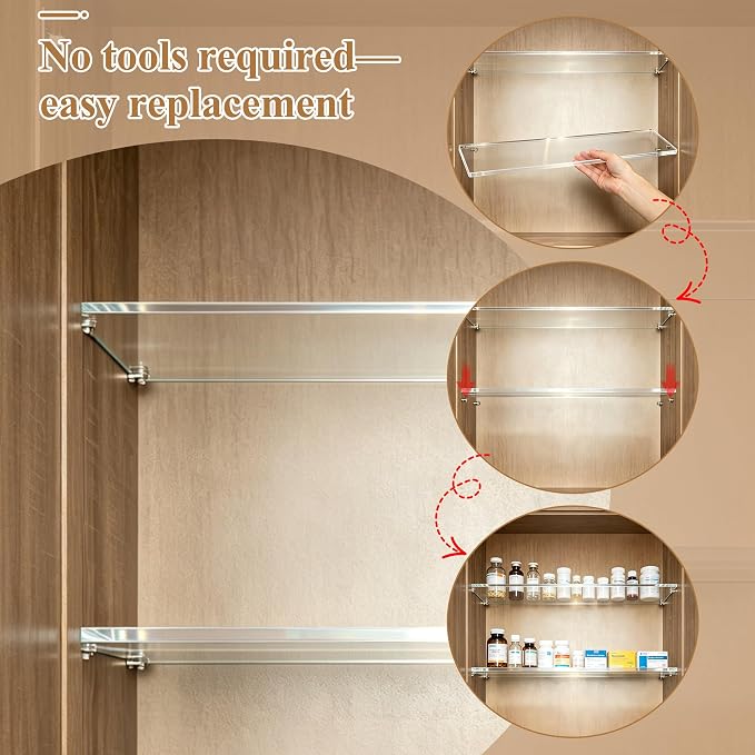 Windspeed 4Pcs 13x3 inch Acrylic Medicine Cabinet Shelf Replacement for Cabinet Medicine Shelf Wall Mounted for Kitchen Living Room Bathroom Organization, with 160 Labels, Pen, Wiping Cloth