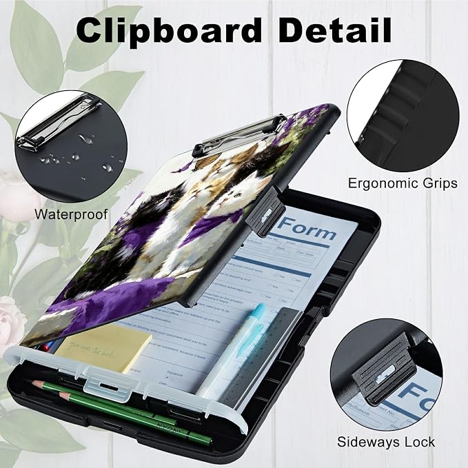 A4 Clipboard with Storage Pen Holder, Clipboards Organizer Nursing Clipboard Foldable File Folder Plastic Clipboard Folio Clip Board for Office Work Classroom Doctor, Lavender Cat