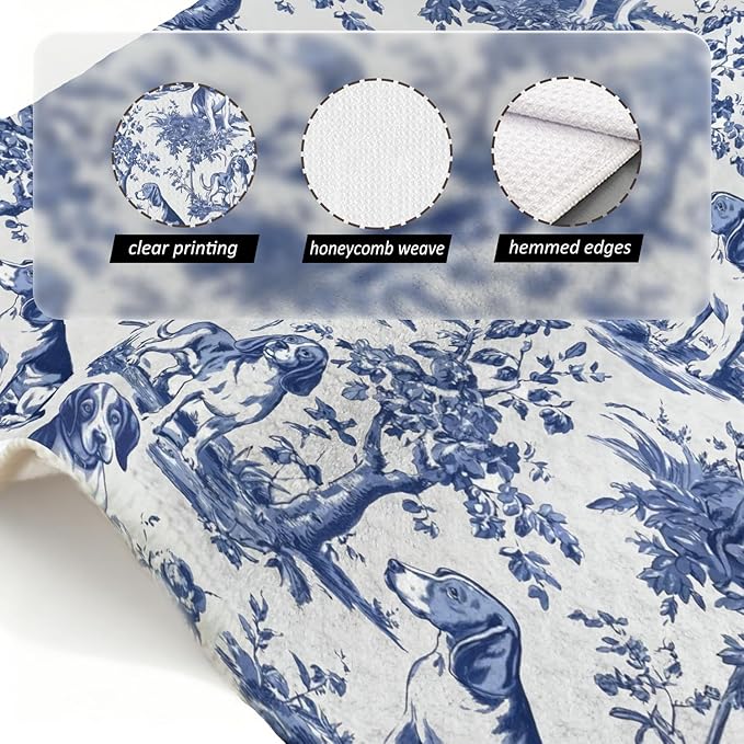 Beagle French Kitchen Dish Towels,Blue and White Floral Dog Towel Dish Tea Towels, Chinoiserie Decor for Kitchen Bathroom,Grandmillennial Gifts for Dog Lover Mom Dad,16x24 Inch