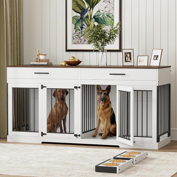Rophefx 72" Double Dog Crate Furniture with Drawers and Divider, White | Wooden dog kennel for 2 medium dogs with 2 drawers, removable divider, 4 bowls and TV stand top