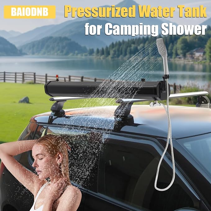 Pressurized Water Tank for Camping Shower,Portable Camping Showerhead Handheld with Storage Bag, Roof Rack Shower for Hiking, Car wash, Pet Cleaning, Beach Vacations