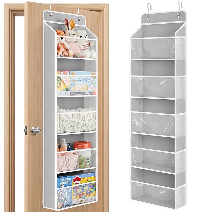 JARLINK Over The Door Toy Storage Organizer w/Clear Window, Light Grey | Anti-Tilt 44 lb Load Capacity, Baby Toy Storage Organizer for Stuffed Animals, Nursery, Kid Bedroom, Newborn Baby Essentials