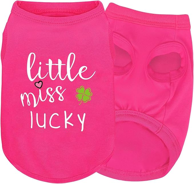 Pink Cotton Dog Shirt with 'Little Miss Lucky' Print, Soft & Breathable Pet Apparel for Small to Large Dogs, All-Season Sleeveless Vest, Cute and Comfortable Dog Outfit.Pink Four-Leaf Clover S
