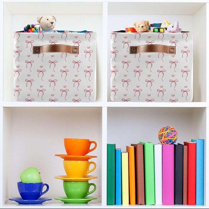 Wamika Pink Ribbon Bow Storage Basket with Waterproof Liner and PU Handles White Bow Tie Cute Storage Bins Boxes 14.2" Collapsible Decorative Organizer Baskets for Bedroom Closet Office 2 Pack