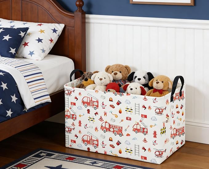 Sanjiaofeng Rectangular Fire Engine Storage Basket,Kids Toy Storage Bin,Nursery Hamper,Kids Storage Basket with Handles,Home Organizer,Books Box,Gift Baskets,Car Room Decor(Fire Engines)