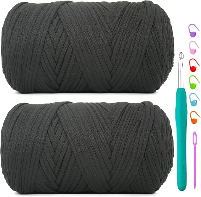2 Pack Tshirt Yarn for Crochet,Black T Shirt Soft Elastic Fabric Chunky Thick T-Shirt Crochet Yarn for Crocheting Knitting Beginner Hand Knitting Bag/DIY Craft/Home Decor 2 * 400G-Black