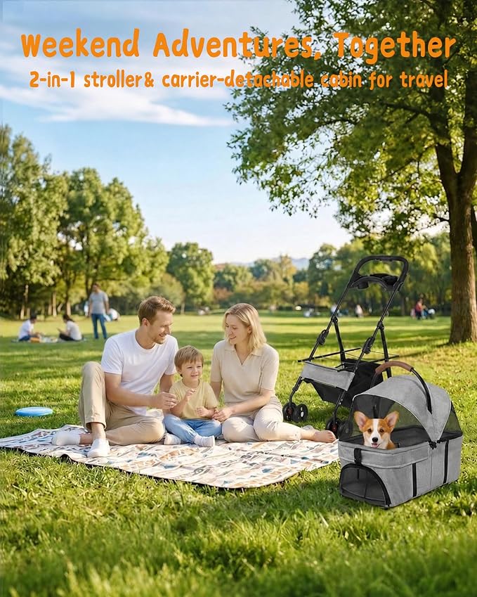 Pet Stroller, 3 in1 Foldable Dog Cat Stroller with Detachable Carrier-Gray | 35lbs Lightweight Foldable Dog Stroller, All-Terrain 4 Wheels, Compact Travel Pet Stroller for Small to Medium Pets