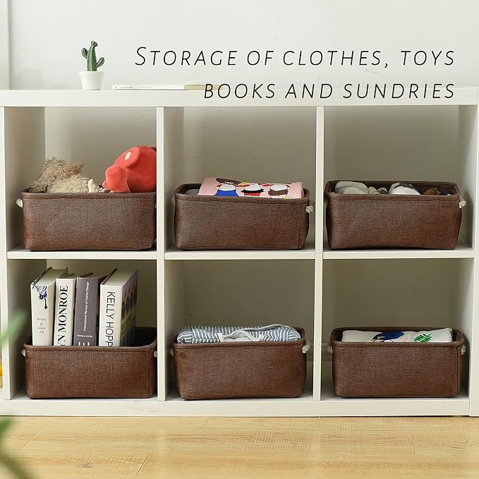 Storage Basket for Organizing - 12x8x5 inch Small 6 Pack Collapsible Storage Bin for Shelves with Handles, Canves Storage Box for Cloth Closet Organizer Gift Toy (Brown)