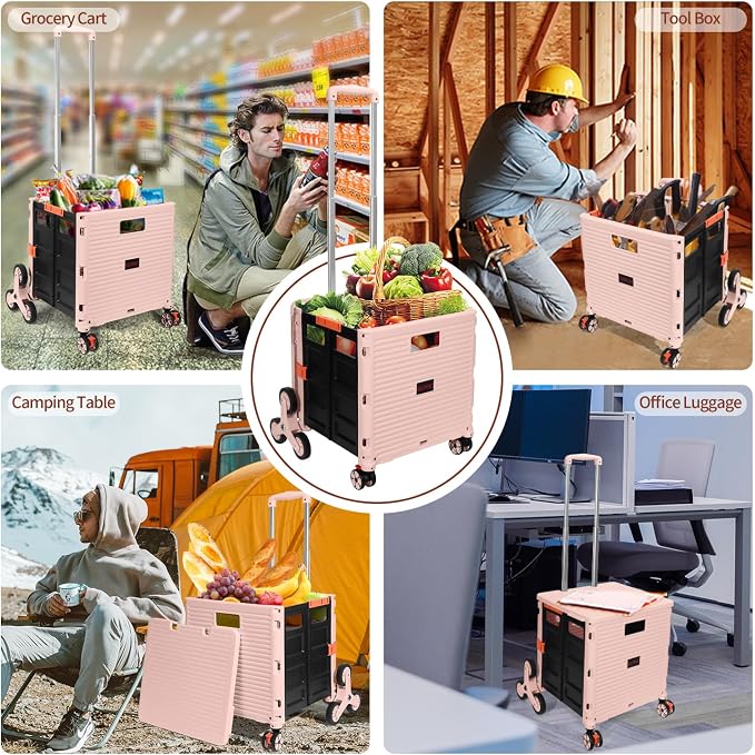 Foldable Utility Cart Collapsible Crate Rolling Carts with Stair Climbing Wheels Rolling Tote Basket Teacher Cart with Lid Wear-Resistant 360°Rotate Wheel Noiseless for Shopping Grocery Office