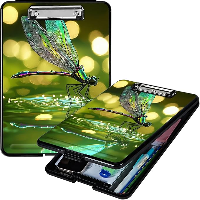 Heavy Duty Storage Clipboard, Slim Nursing Clipboard with Internal Pen Case, Portable File Organizer Case for A4 Letter Size Paper Office Medical Professionals, Green Dragonfly