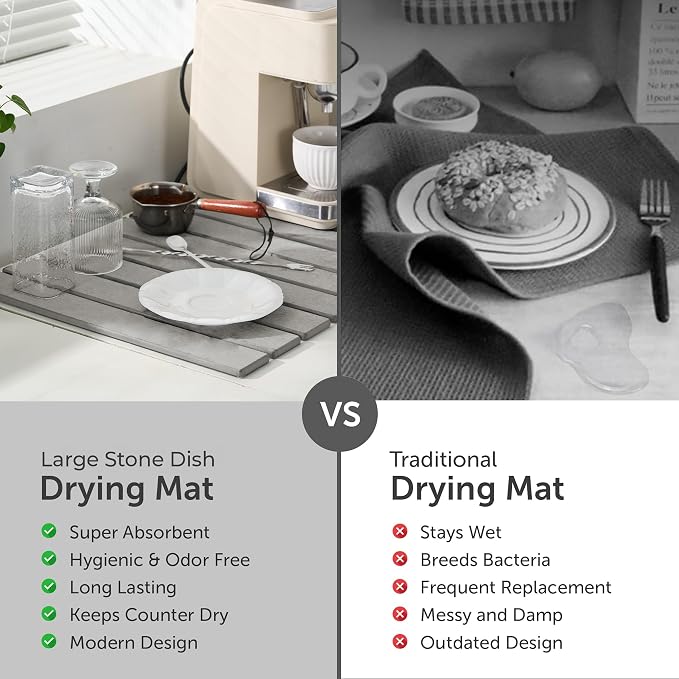 Large Stone Dish Drying Mat for Kitchen Counter,Natural Quick Dry Stone Dishes Mats,Foldable Water Absorbing Diatomaceous Earth Drying Organizer Pad for Kitchen Utensils(Light Gray 24"×16" & 8"x4")