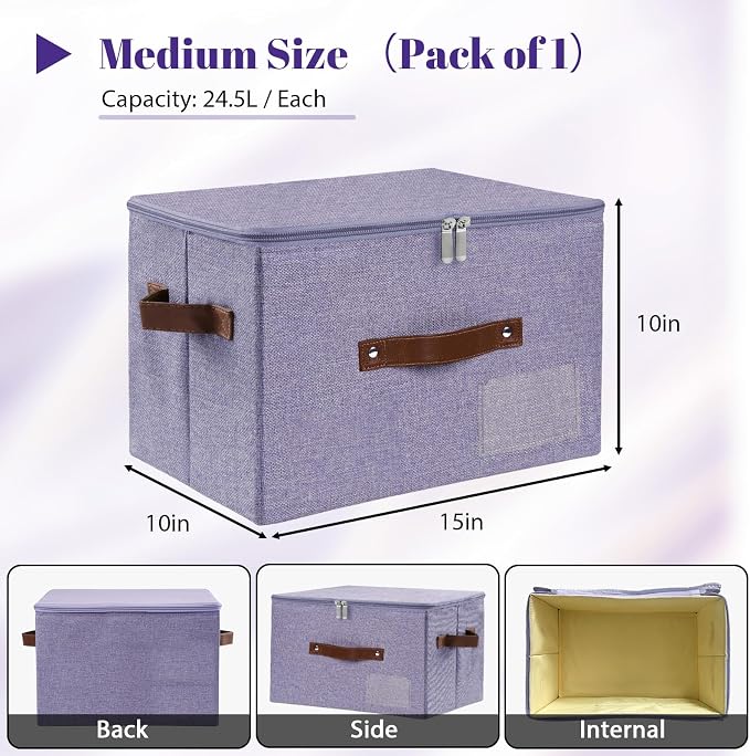 ANMINY Storage Box Fabric Bins with Zipper Lid, 15"x10"x10" Purple | Keepsake Box, Decorative, Cotton Linen, Reinforced PP Board Frame, Washable, Stackable & Foldable, Label Holder & PU Handles