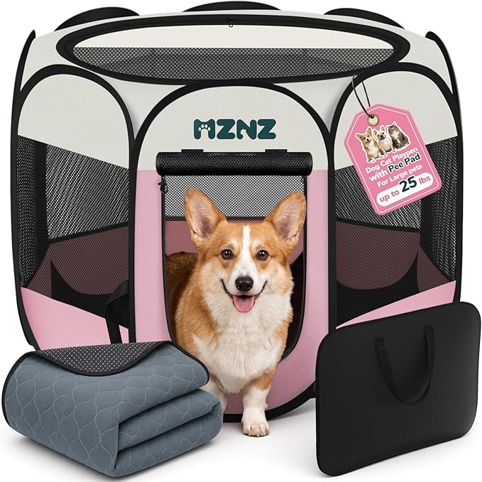 Dog Cat Small Animal Puppy Playpen Crate with Pee Pad, Medium, Pink | Portable Pop Up Pet Cage Enclosure Tent Kennel Indoor Outdoor with Carrying Case, No Assembly, Camping Use