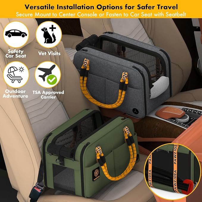 PAWZIDEA Center Console Dog Car Seat, Secure Straps & Anti Slip, Up to 12lb | Enclosed Small Dog Armrest Booster Car Seats, Anti-Collapse Portable Pet Carrier Soft-Sided, Removable Pillow &Storage Pocket
