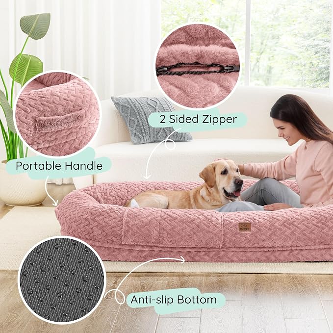 ChiXnuggle Orthopedic Human Dog Bed,with Faux Fur Washable Cover,Blanket | dusty pink,72*40*10,giant dog bed for adult or extra large dogs,egg crate foam,non-slip bottom