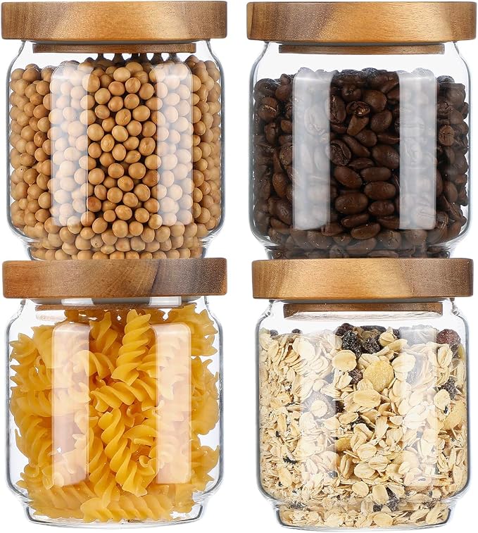 15 OZ Glass Jars with Airtight Acacia Wood Lids, 4 PCS | Kitchen Storage Container, High Borosilicate Glass Canisters for Tea, Sugar, Coffee Beans