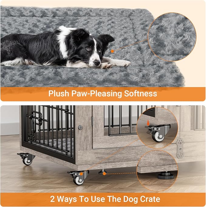 2 Pack Dog Crate Furniture,32'' Heavy Duty Kennel with Cushion & Wheels | Grey, Double Doors, Wooden Dog Cage, Chew-Resistant, End Table, Decorative, 27"/32"/38"/44" Options, Indoor