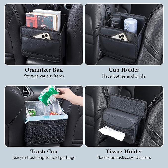 Car Storage Organizer Between Seats with Tissue Holder | Textured Leather Car Purse Holder Snack Holder | Auto Seat Back Handbag Organizer for Driving, Travel