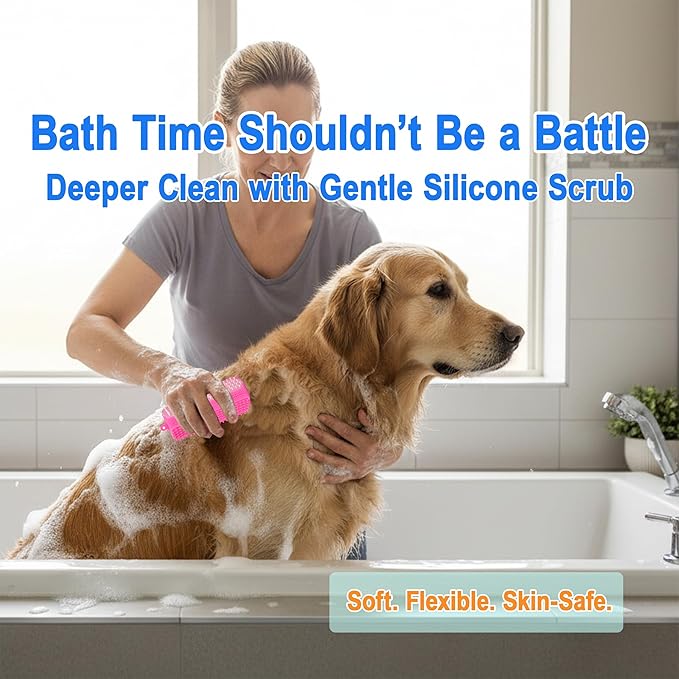 Triangular Wrap-Around Pet Grooming & Bath Brush for Dogs & Cats – 3-in-1 Silicone Dog Bath Brush with Deshedding Bristles, Massage Cones & Deep Cleaning Nubs, Soft Flexible Self-Cleaning Design,Gray