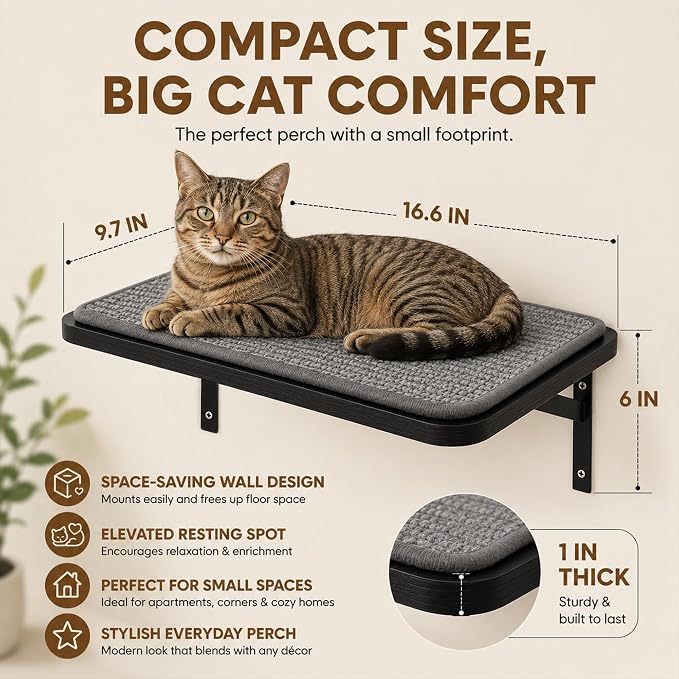 Cat Wall Shelf Window Perch, Cats Bed Hammock with Scratching Pad, Cat Shelf for Climbing Sleeping Playing,Black Furniture for Indoor Large Cats