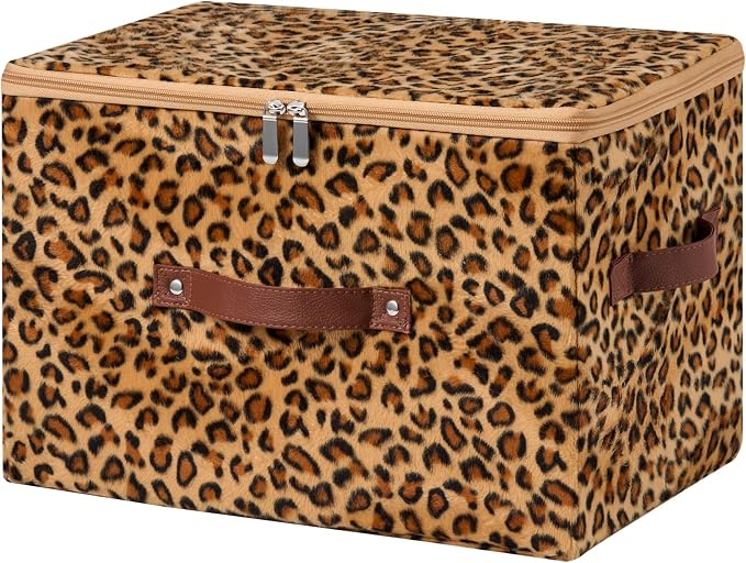 Storage Bins Boxes with Zipper Lids Leopard Print Cute Baskets | Velvet Fabric, PU Leather Handles, PP Plastic Board, Foldable Washable Lidded Closet Shelf Organizer Container, Brown, Large