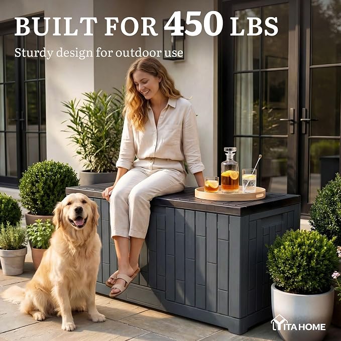 YITAHOME Large Deck Box 120 Gallon Resin Outdoor Storage Box | Patio Storage Bin Bench Seat for Outdoor Pillows, Garden Tools and Pool Supplies, Waterproof Lockable, Dark Gray