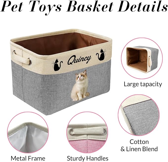 Personalized Dog Toy Storage Basket Custom Pet Storage Bins with Name Photo Collapsible Organizer Box Customized Baby Basket Container for Dolls Toys Coats Clothing Blue